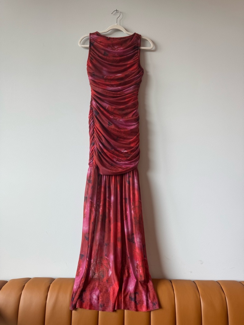 Elliatt Red Pink Ruched Mermaid Maxi Dress Roses Wedding Guest Cocktail Medium M - Picture 9 of 14
